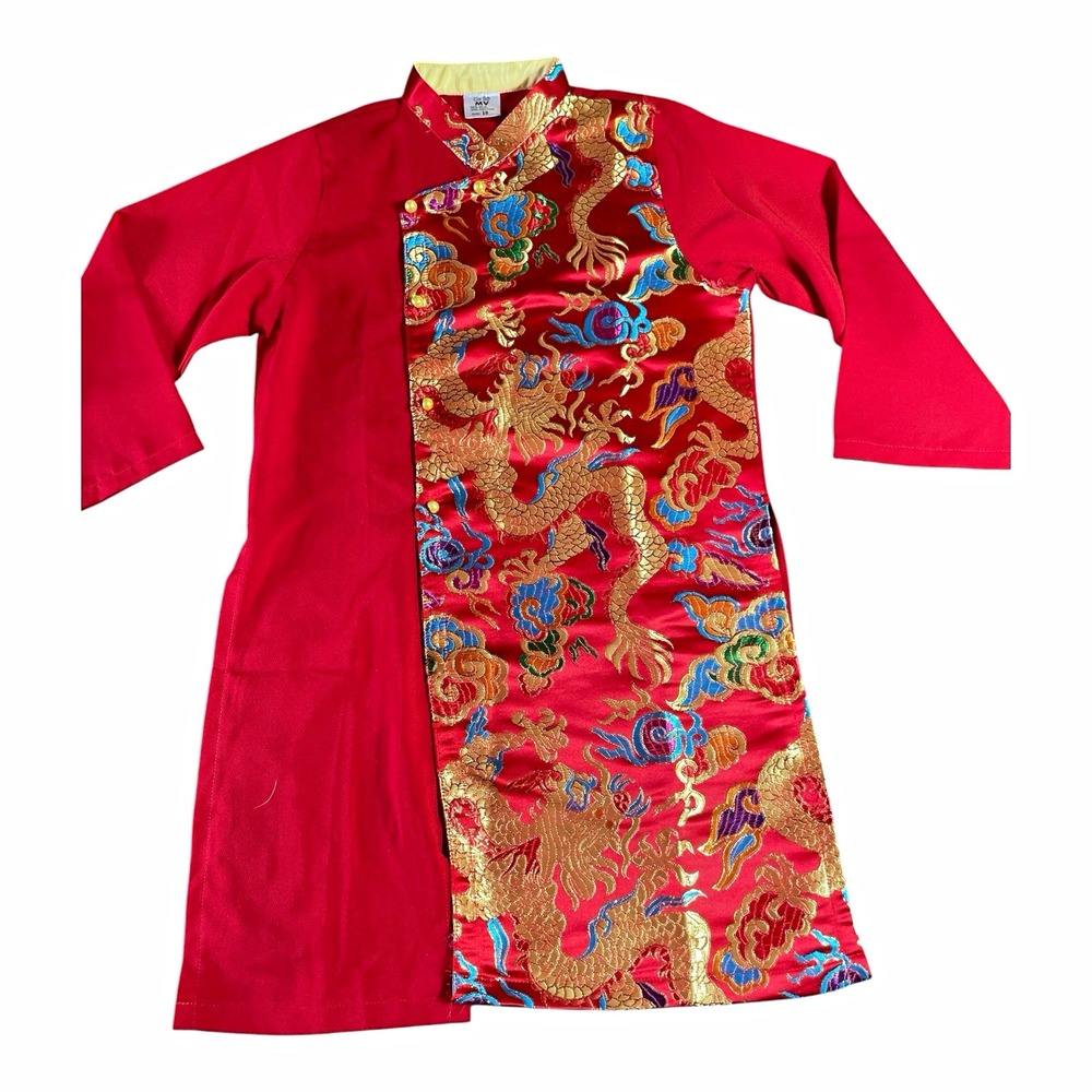 MV Girls Size 10 Red Dragon Brocade Robe Tunic, Silk Cotton Blend